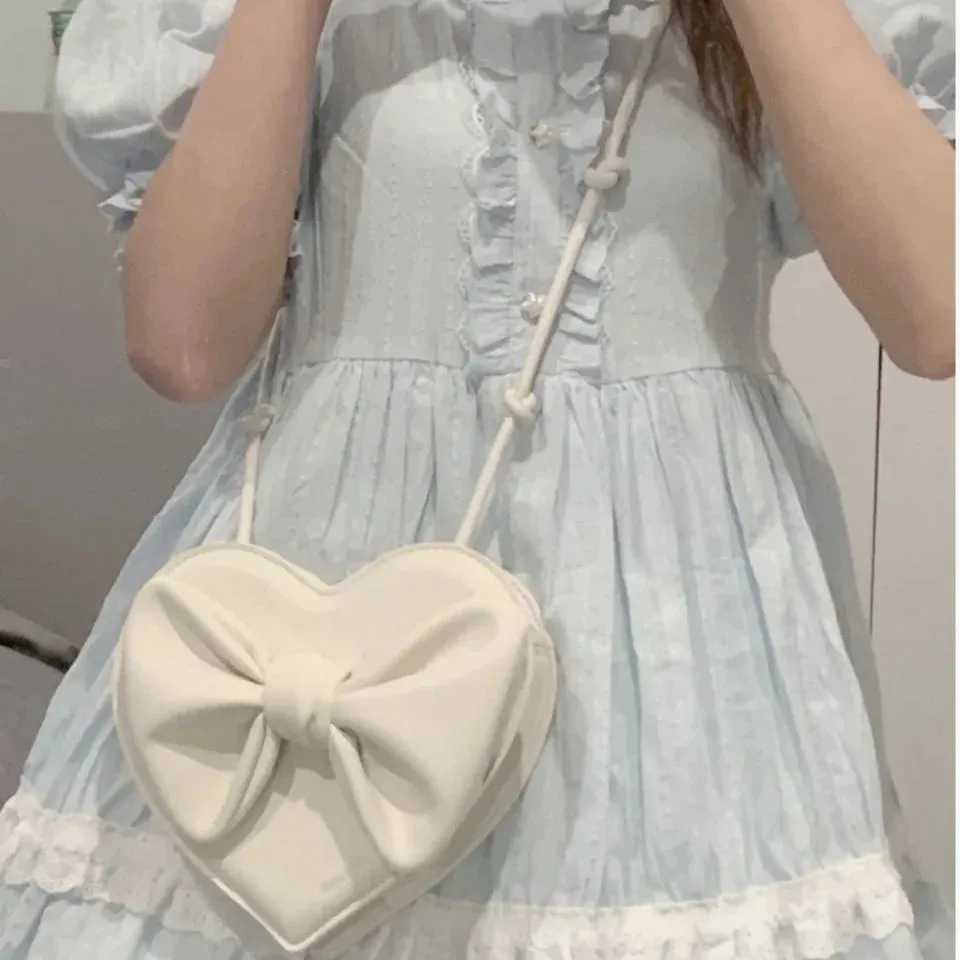 UAKISS  -  Cute White Heart Shoulder Lolita Bag Female Harajuku Kawaii Small Bowknot Crossbody Bags For Women Cell Phone Purse Womens Pouch