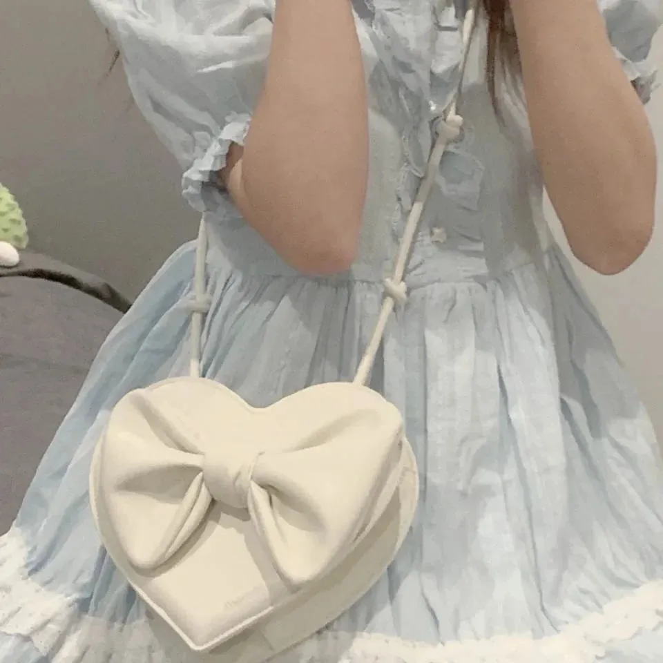 UAKISS  -  Cute White Heart Shoulder Lolita Bag Female Harajuku Kawaii Small Bowknot Crossbody Bags For Women Cell Phone Purse Womens Pouch