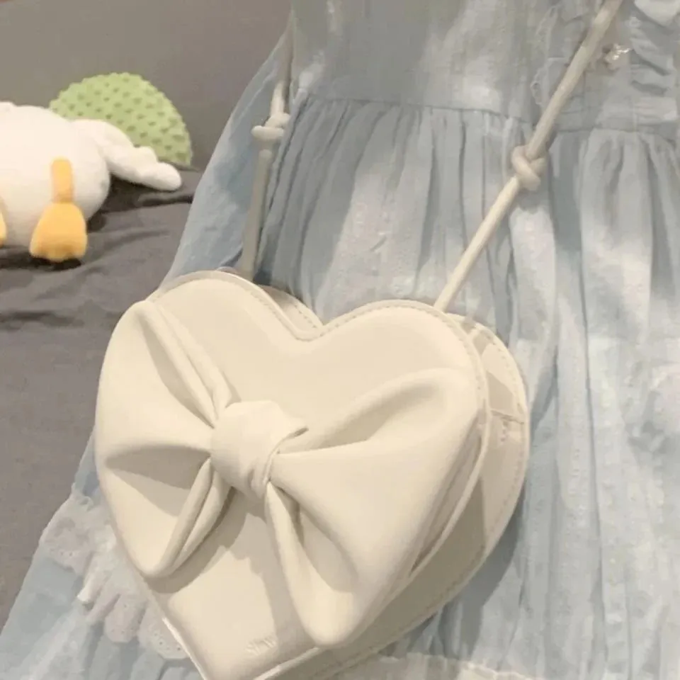 UAKISS  -  Cute White Heart Shoulder Lolita Bag Female Harajuku Kawaii Small Bowknot Crossbody Bags For Women Cell Phone Purse Womens Pouch