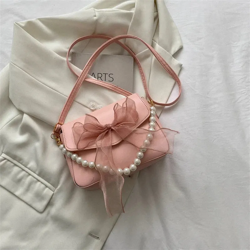 UAKISS  -  Sweet Bow Bag Women Harajuku Pearl Chic Handle Leather White Messenger Bags Ladies Japanese Cute Handbag Aesthetic